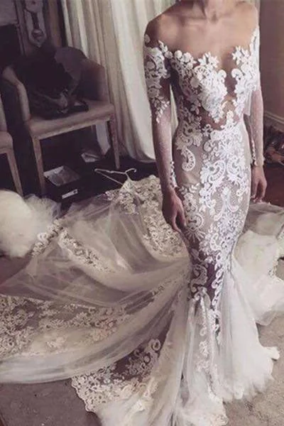 halter neck wedding dressesWhite Lace Appliques Mermaid Long Sleeves Tulle Wedding Dresses OK595