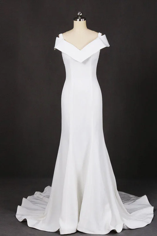 simple wedding dressesMermaid V Neck Off White Simple Wedding Dresses, Long Bridal Dresses OKQ18