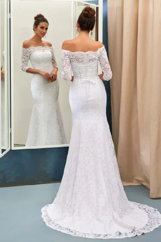 church wedding dressesElegant White Off-The-Shoulder 3/4-Length Sleeves Lace Mermaid Wedding Dresses OK556