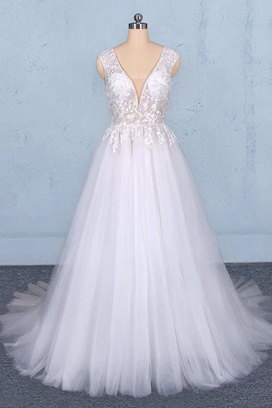 princess wedding dressesStunning A Line V Neck Tulle Lace Appliques Wedding Dress, Bridal Dress OKQ12