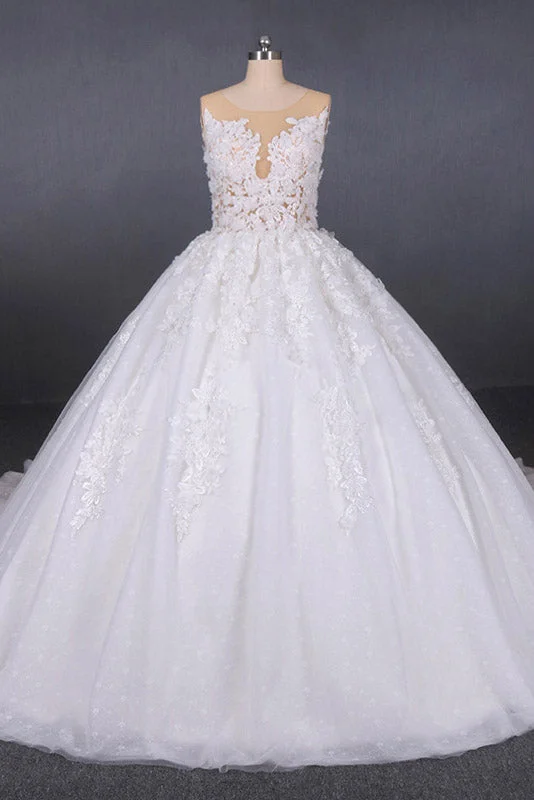 petite wedding dressesWhite Appliques Tulle Ball Gown Princess Wedding Dresses, Bridal Gown OKQ31