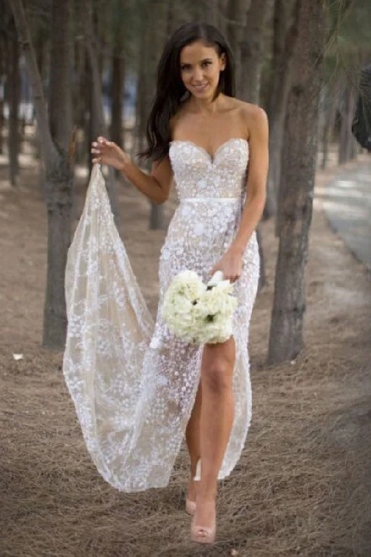 minimalist bohemian wedding dressesSexy Sweetheart Asymmetry Lace Long Casual Wedding Dresses with Slit OKB08