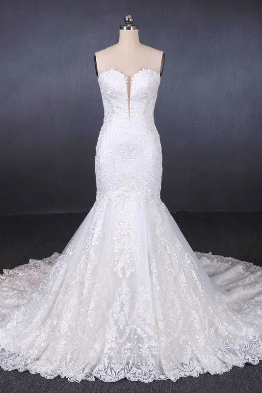 bespoke wedding dressesSweetheart Mermaid Lace Appliques Button Back Long Wedding Dresses OKQ29