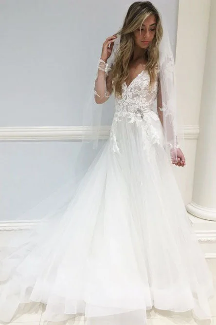 spaghetti strap wedding dressesA-line V-Neck Long Sleeves Sweep Train Elegant Wedding Dress with Lace Appliques OKR15