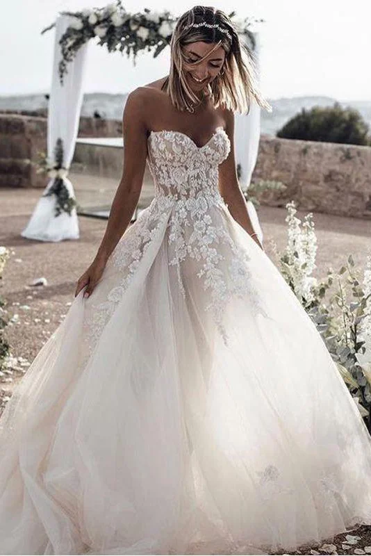 wedding dress inspirationA Line Sweetheart Long Cheap Tulle Wedding Dress with Lace Appliques OKM81