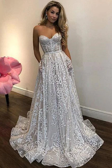 statement wedding dressesOff White Sweetheart Lace Long Wedding Dresses,Charming Prom Dresses OKA96