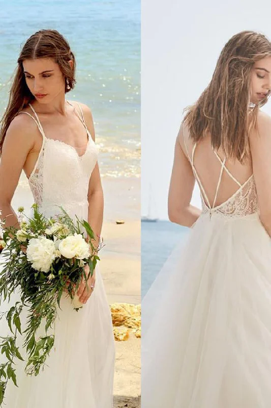 chiffon wedding dressesSimple Spaghetti Straps Ivory A Line Tulle Beach Wedding Dresses OK677