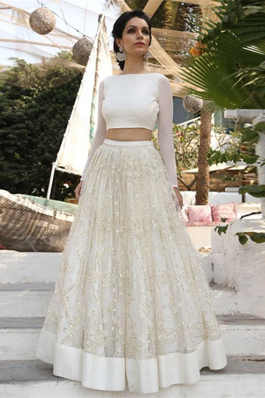 wedding dress with illusion backNew Ivory Two Piece Cheap A Line Prom Dresses,Long Sleeves Lace Wedding Dress OK864