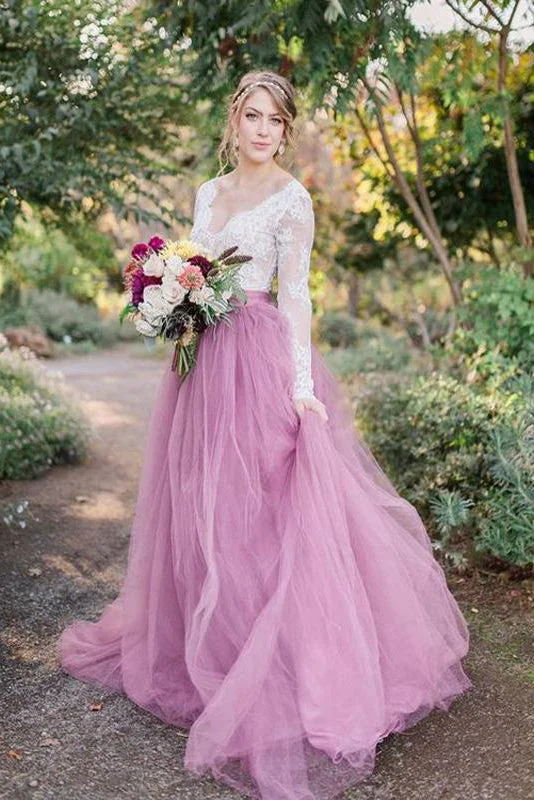 wedding dress trendsA-Line V-Neck Long Sleeves Pink Tulle Wedding Dress with Lace Appliques OKM80