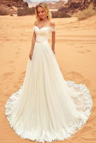 glamorous wedding dressesElegant Off-the-Shoulder Sweep Train A-Line Tulle Ivory Appliques Wedding Dresses OK771