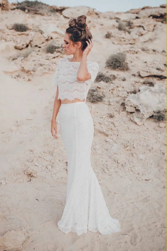 A-line wedding dressesTwo Piece Crew Short Sleeves White Lace Mermaid Wedding Dresses OKL54