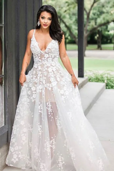 wedding dress try-onA-line Spaghetti Straps Floor-Length V Neck Wedding Dress with Appliques OKS28