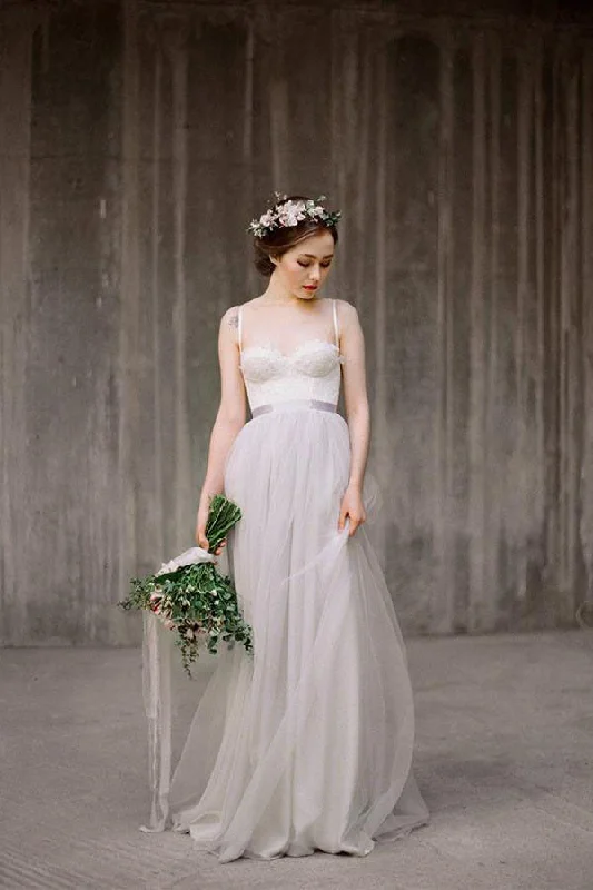 trendy wedding dressesSpaghetti Straps Backless Grey Tulle Long Wedding Dress With Lace Applique OK531