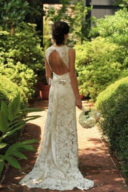 vintage-inspired wedding dressesIvory Lace Open Back Sweep Train Sheath Sleeveless Wedding Dress OK551