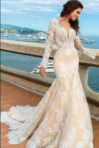 vintage wedding dressesNew Lace Mermaid Deep V-Neck Backless Long Sleeves Backless Wedding Dress OK773