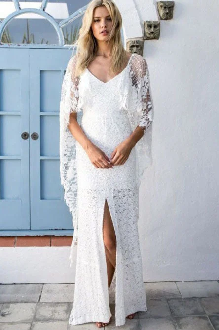 embroidered wedding dressesSheath V-Neck Backless Wraps Lace Beach Wedding Dress with Split OKR34