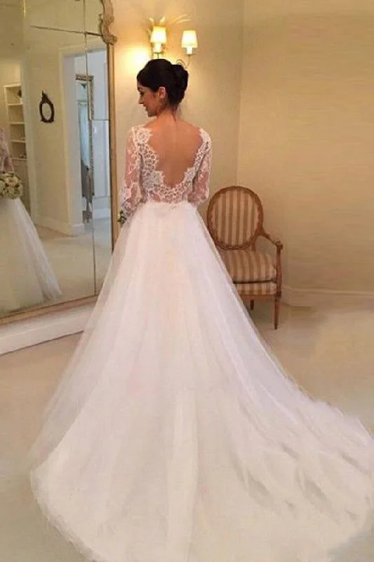 eco-friendly wedding dressesWhite A-line Long Sleeves Beading Lace Backless Court Train Wedding Dress OK524