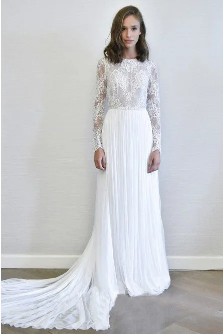 bohemian wedding dressesA-Line Long Sleeves Chiffon Long Simple Wedding Dress with Lace OKR78