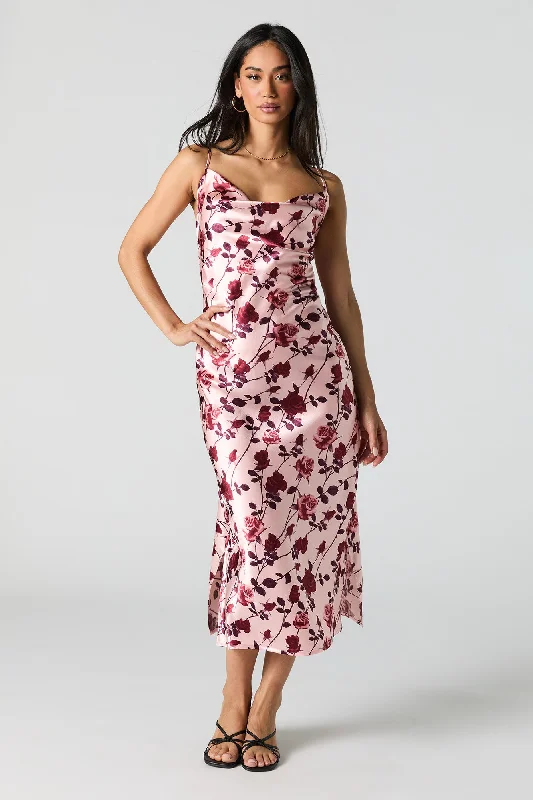 midi ballerina dressesSatin Floral Cowl Neck Midi Dress