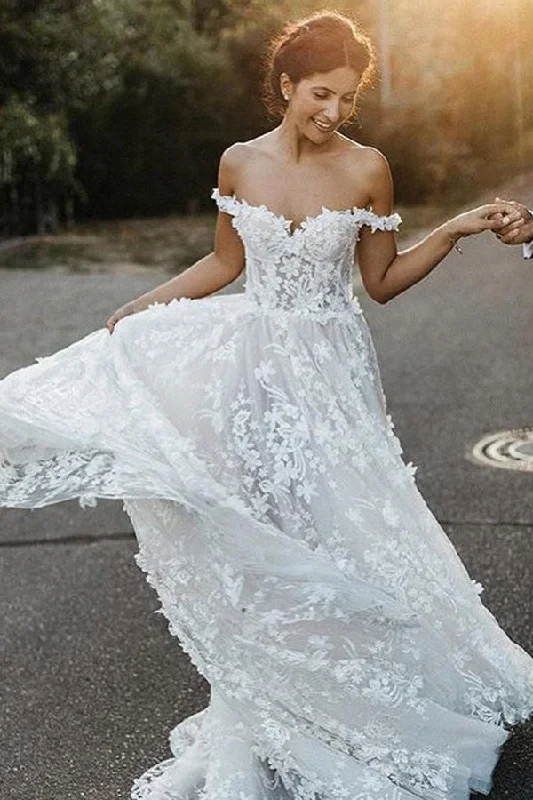 beaded wedding dressesA-Line Off-the-Shoulder Boho Wedding Dresses with Appliques OKL58