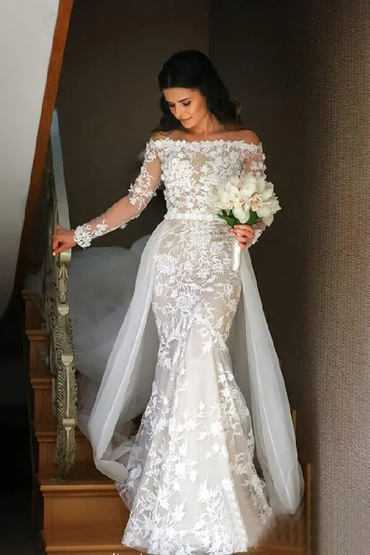 pre-owned wedding dressesOff White Mermaid Lace Wedding Dress Off the Shoulder Bridal Dresses OKP79