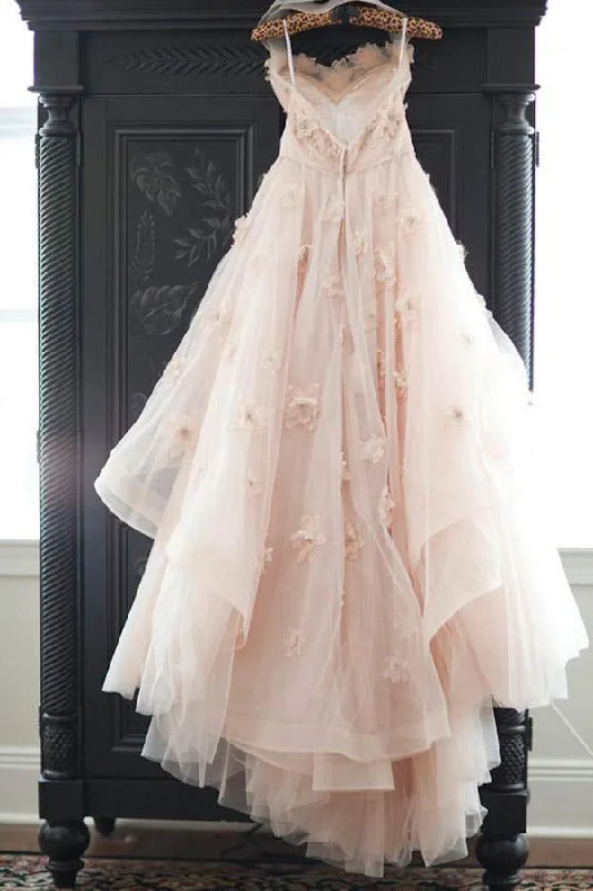 cap sleeve wedding dressesVintage Strapless Sweetheart A Line Flower Tulle Pearl Pink Wedding Dresses OK589