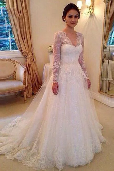 pre-owned wedding dressesA-line V-neck Long Sleeves Court Train Tulle Wedding Dresses With Lace Appliques OK526