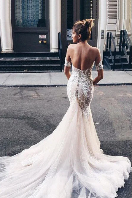 high-low wedding dressesMermaid Sweetheart Backless Court Train Wedding Dress with Lace Appliques OKR19