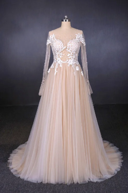 custom wedding dressesCharming A Line Long Sleeves Lace Appliques Tulle Wedding Dresses OKQ30