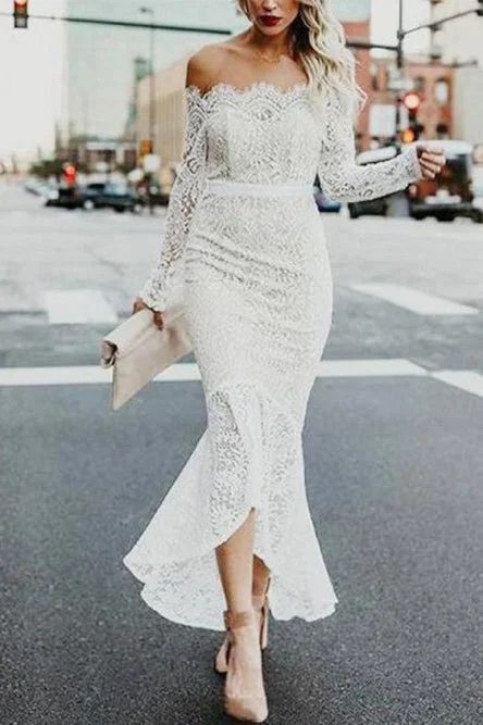 classic wedding dressesMermaid Off-the-Shoulder Long Sleeves High Low Lace Beach Wedding Dress OKR81