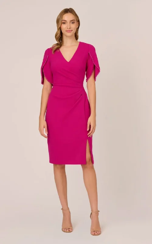 women's bespoke dressesAdrianna Papell- Pearl Embellished Knit Crepe Sheath Dress in Hot Orchid