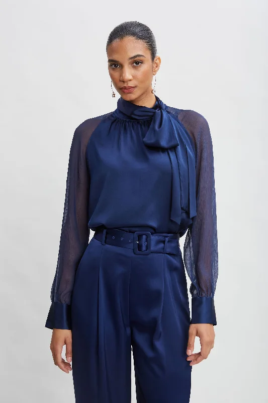 women's tops with built-in brasChiffon Sleeve Silk Satin Tie Shirt