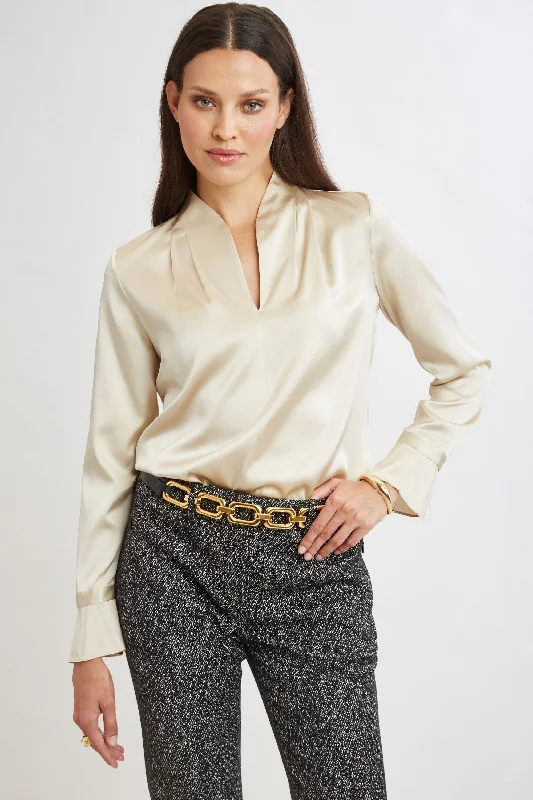 women's tops for those who value both quality and affordabilitySilk Satin Contour Neck Ruffle Cuff Shirt