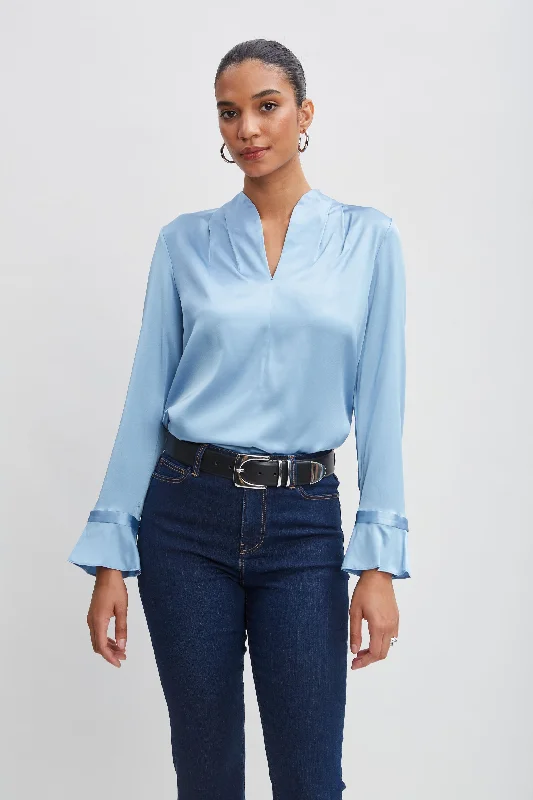 women's tops with sheer overlaysSilk Satin Contour Neck Ruffle Cuff Shirt