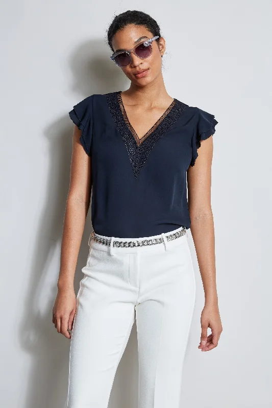 women's tops for picnics in the parkSilk Flutter Sleeve Embroidered Shirt