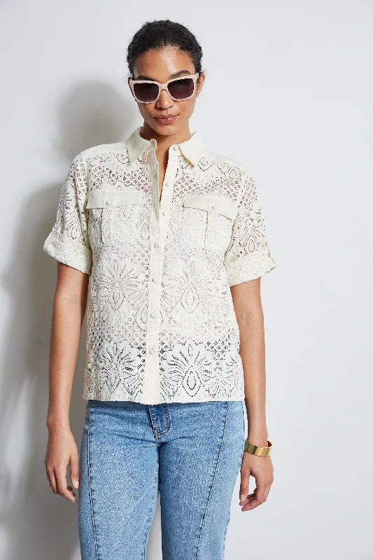 women's tops for those who appreciate subtle and muted tonesShort Sleeve Lace Utility Shirt