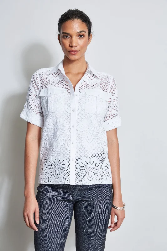 women's tops for those who love to dress up their casual looks with stylish topsShort Sleeve Lace Utility Shirt