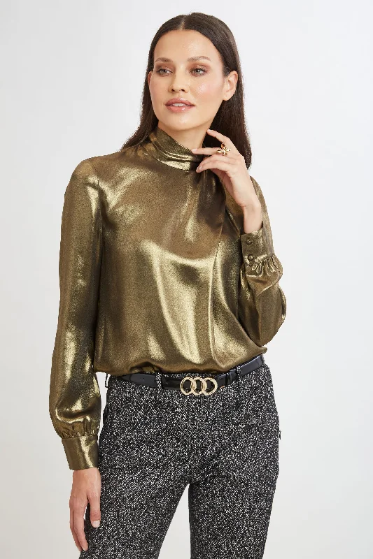 women's tops for mixing and matching with different bottomsMetallic Draped Neck Shirt