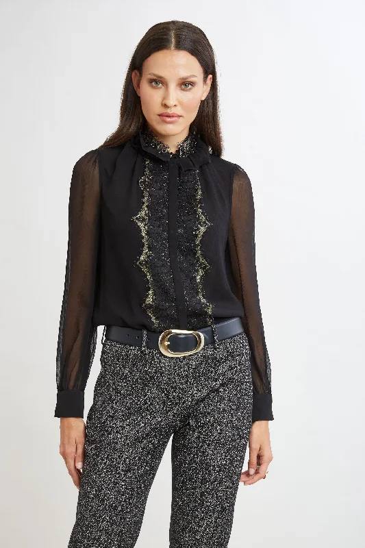 women's tops for everyday eleganceMetallic Lace Trim Silk Shirt