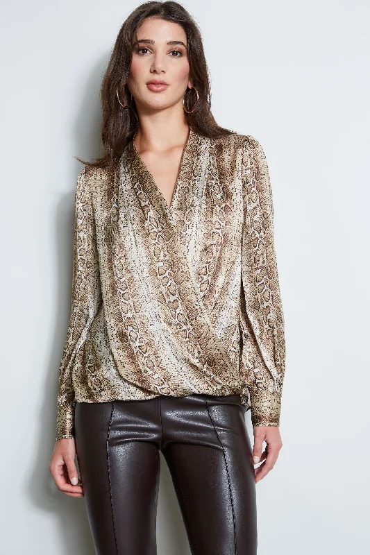 women's tops with sleeveless designsSilk Satin Python Draped Shirt