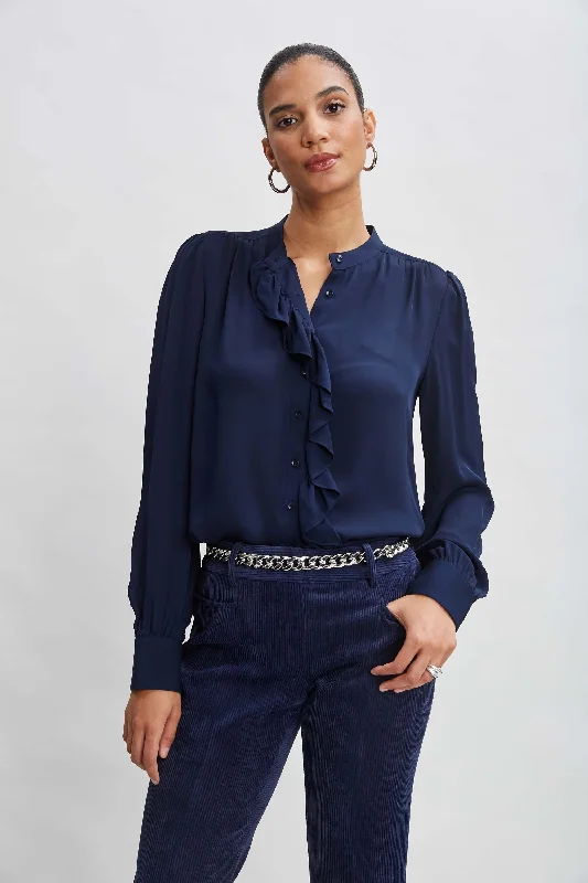 women's tops with asymmetrical designsSilk Ruffle Button Down Shirt