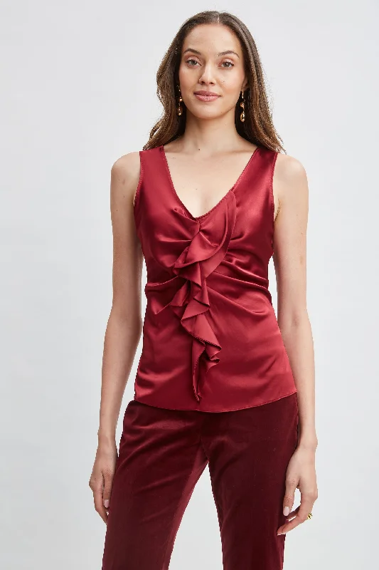 women's tops for those who want to invest in timeless piecesSilk Satin Sleeveless Ruffle Top