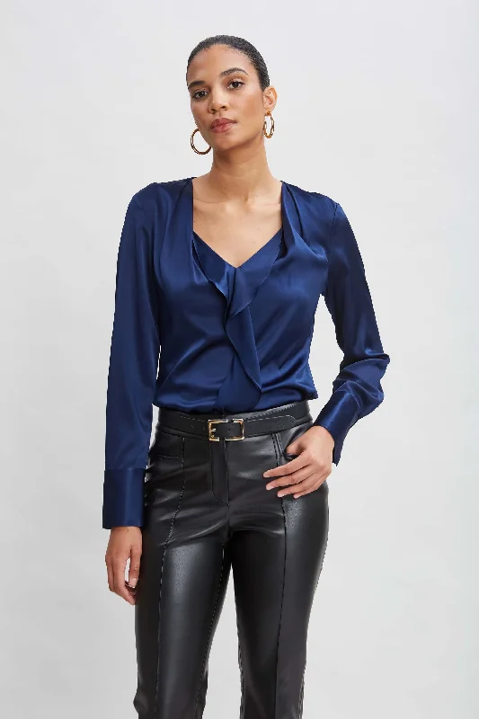 women's tops for business casual attireSilk Satin Contour Ruffle Shirt