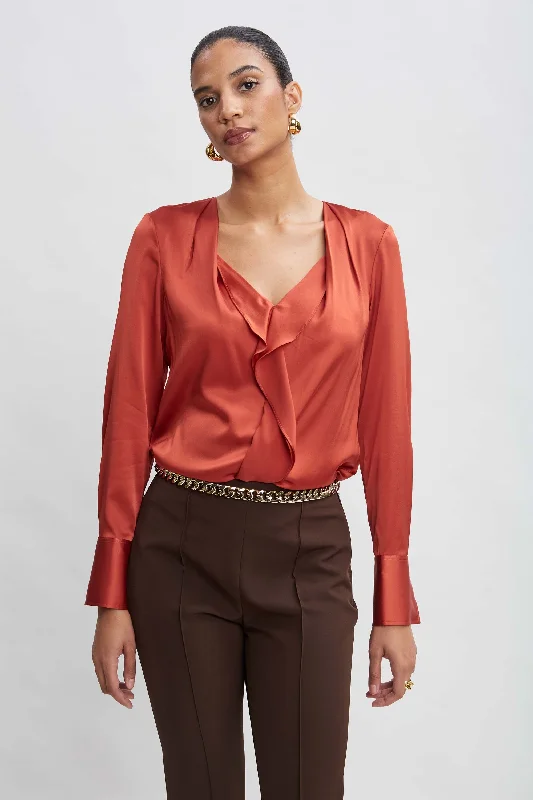 women's tops with flutter sleevesSilk Satin Contour Ruffle Shirt