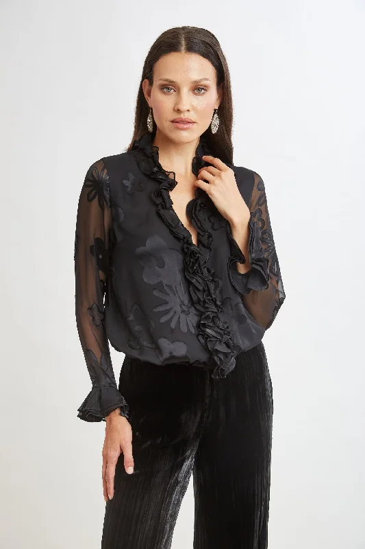 long-sleeved women's topsFloral Satin Burnout Blouson Shirt