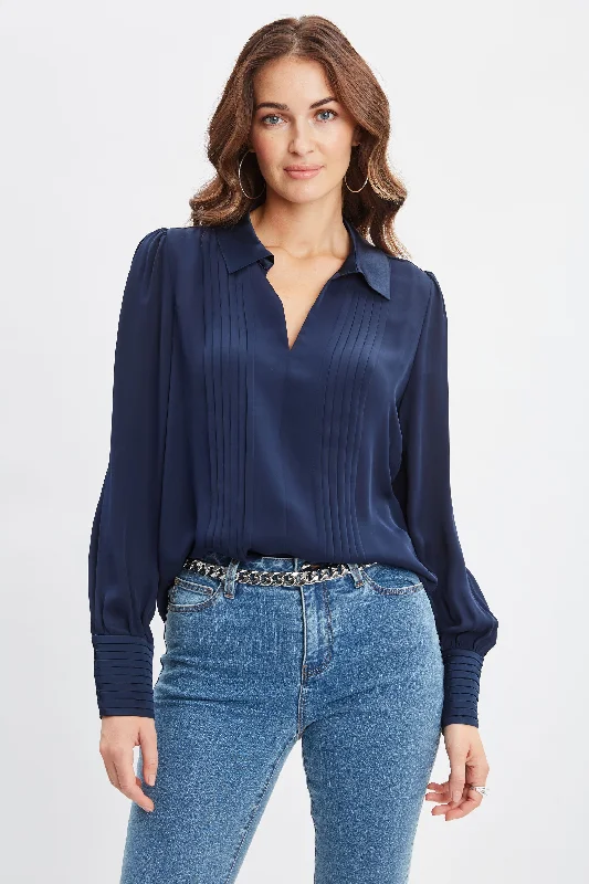 women's tops with cold-shoulder cuts and lace detailingSilk Pintuck Shirt