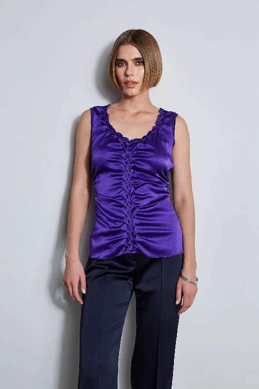 women's tops with sleeveless designsSilk Satin Braid Ruched Top