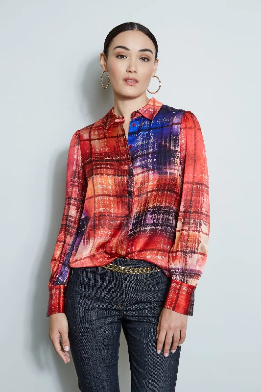 women's tops for those who want to wear pieces that are both comfortable and stylishSilk Digital Plaid Shirt