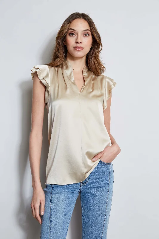 women's tops with sheer overlaysSilk Satin Flutter Sleeve Shirt