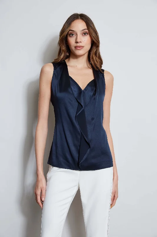 women's tops with cold-shoulder cutsSilk Satin Sleeveless Cascade Shirt